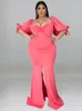 Plus size jurken Long Pink V Neck Korte Puff Sleeve High Taille Bodycon Evening Cocktail Event Outfits 4xl Damesjurken