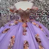 Lavendel glinsteren Quinceanera -jurk uit schouderkristal bloemen applique 3Dflower formele verjaardagsvestidos de 15 anos