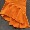 Lässige Kleider Orange orange One Schulter Meerjungfrau Verbandkleid Fashion Rüschen Diagonaler Kragen Midi Vestidos Elegant Abend Party Club Frauen