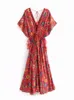 Basic Casual Dresses Vintage Chic Women Peacock Floral Print Bat Sleeve Beach Bohemian Maxi Robe Ladies V neck Tassel Summer Boho Dress 230823