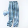 Men's Pants Men's Cotton Gauze Trousers Plaid Knitted Sleep Pants Woman Pajamas Pants Bottoms Sleepwear Short for Couples Pijama Hombre 230822