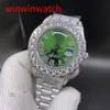 Herr Hip Hop Watch Prong Set Diamond Watch Silver Rostfritt stål Fodral Rem Grön ansikte Automatisk mekanisk klocka 43mm206T