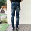 Männer S Jeans High Street Fashion Männer Retro Blue Stretch Dünne Fit Ripped Stripe Patched Designer Hip Hop Marke Hombre 230823