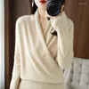 Pulls pour femmes coréen croix col en V simple couleur unie taille style pull amincissant tricoté 2023 automne et hiver pull en laine