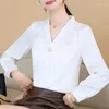 Polos pour femmes Femmes Blouses Blouse à manches longues Blusas Mujer de Moda 2023 Elegantes Col en V Chemise en mousseline de soie Tops E638