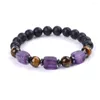 Strand Energy Natural Black Lava Bracelets quadrados Rocha Quartz Tigre Amethysts Purma Purple Crystal Bracelet Women Healing Jewelry