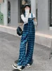 レディースパンツビンテージブルーの格子縞の広いレッグストラップオーバーオール女性2023スプリングルーズストリートウェアヒップホップガールブレースズボン2235