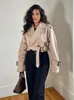 Kurtki damskie Traf Women Coats moda z paskiem Spring Crop Jacki Płaszcz Vintage Long Rękaw Casual Street Street Female Chic Tops 230823