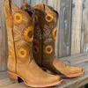 Boots Women Coffee Brown Embroidery Boots PU Leather Printed Western Cowboy Boots Deep V-mouth High Tube Casual Boots Classic 230822