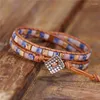 Pulseras de encanto Boho Cuero Mixto Cuadrado Piedras Naturales 2 Strands Wrap Vintage Weaving Pulsera Drop