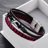 Pulseras de eslabones para hombre, pulsera tejida multicapa de cuero rojo y negro, botón de acero de titanio, accesorios neutros, regalos de joyería tejidos a mano