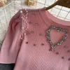 Women's Sweaters Pull Femme Beaded Diamond-Studded Love Hollow Out Pullover Sweater Puff Sleeve Knitted T-shirt Womens Stretch Thin Knitwear