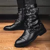 Boots Strongshen Men Fashion Leather Motorcycle Midcalf Warm Black Gothic Belt Rivet Punk Rock Tactical Boot 230823