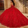 Glänzende rote Quinceanera Kleider mit Schal 3d Blumen Applikationen 15 Anos Schatz Ballkleid Junior Girls Geburtstagsfeier