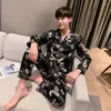 Men's Sleepwear Sprin Silk Pyjama Set Men Satin Pajamas Autumn Ome Suit Printed Loune Pants Nitown Sleep Clotes Plus Size XXXL