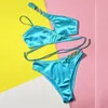 ARXIPA Bikinis Sexy Shinny Maillot de bain deux pièces pour femme Bleu uni Maillot de bain rembourré Push Up Cross Bandage Beachwear String Taille haute Bling Bling Star