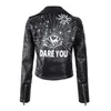 Femmes en cuir Faux FMFSSOM printemps femmes veste col rabattu lettre impression épaulette Rivet fermeture éclair dame lettre vintage Biker vêtements d'extérieur 230822