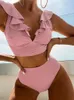 Menas de banho feminina briga sem costas Button Up Deep V Sexy Cantura alta Push Swimsuit Women Women Color Solid Colleed Lace Biquíni Two Piece