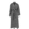 Femmes Laine Mélanges Vintage Dames Manteau Poule Ceinture Pardessus Femmes Long Sur Genou Tartan Automne Hiver Manteaux Vestes Élégant 230822