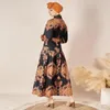 Vêtements ethniques Vintage Imprimer Musulman Abayas Mode Malaisienne Femmes Robe O-cou À Manches Longues Ceinture Kaftan Robes Pour Slim Dubaï Caftan