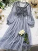 2023 Spring Women Mesh Lace Crochet V-Neck Elegant Prom Puff Sleeves Dress Summer Dot Party Swing Long