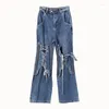 Dżinsowe spodnie dżinsowe dżinsowe dżinsowe patchwork sznurowane kobiety Jean zamek bandażowy kieszenie streetwearowe swobodne wszechstronne długie