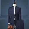 Projektowanie granatowych mężczyzn garnitury ślubne stojak kołnierz Slim Fit Groom Tuxedos Męska sukienka Prom Man Blazer 2 sztuki Zestaw męski Blazer259k