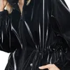 レディースレザーフェイクネラッツリング長い黒い温かい特大の光沢のある光沢のあるパテントレザートレンチコート女性用長袖ジップアップ秋のファッションウィンドブレイカー230822