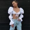 Damestanks sexy veter boog crop tops vrouwen ruches puff puff mouw backless tanktop v-neck holle vouwen buis casual vest streetwear