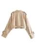 Women's Jacket's Short Jacket Khaki Cropped Trench Coat Lapel Collar Top Long Sleeve Jackets With Belt Female Spring Streetwear 230822