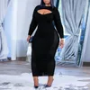 Plus Size Dresses Women Clothing Large Women's Autumn Black Mid Length One Step Dress Long Sleeve Template Commuter Color Mesh