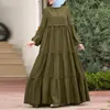 Ethnic Clothing Women Sundress Flounce Long Dress Muslim Abayas For Casual Loose O-neck Robe Fashion Patchwork Puffed Sleeve