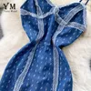 Robes décontractées YuooMuoo Mode Dentelle Patchwork Denim Robe Femmes Designer Double Split Sexy Dos Nu Spaghetti Strap Party 2023 Été