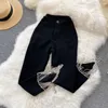 Damesbroek 2023 Fashion Women Black Pant Diamond Tassel Kalf-lengte asymmetrie Retro onregelmatige broek