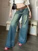 Women's Jeans Letter Embroidery High Waisted Woman Street Vintage Washed Old Baggy Jean Clothing Casual Wide Leg Women 230823