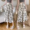 Skirts Summer Flower Print Chiffon Pleated Skirt Women Korean Fashion Elastic High Waist A-line Slim Midi Long