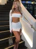 Work Dresses White Sexy Two Piece Set Long Sleeve Open Umbilical Top And Side Split Mini Skirt Slim Fit Autumn Women Wear