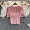 Women's Sweaters Pull Femme Beaded Diamond-Studded Love Hollow Out Pullover Sweater Puff Sleeve Knitted T-shirt Womens Stretch Thin Knitwear