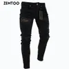 Zemtoo Men's Black gescheurde jeans gewassen gerafelde broek Zipper Decoration Pants192o