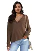 T-shirt tricoté à manches longues et col en v pour femme, haut à carreaux de couleur unie, nouvelle collection 2023