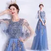 Vestido azul elegante Mãe mãe da noiva Minchada 3D Floral Lace Aplique Mangas curtas comprimento do piso vestidos de convidado de casamento personalizado no verão 403