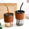 Wine Glasses Ins Bamboo Cup Straw Type Glass Anti-scalding Leather Case Double Drink Milk Water