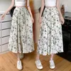 Skirts Summer Flower Print Chiffon Pleated Skirt Women Korean Fashion Elastic High Waist A-line Slim Midi Long