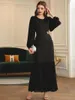 Ethnic Clothing Slim Fit Black Party Dress For Women Handwork Diamonds Puff Sleeves Dubai Saudi Arabic Evening Banquet Robe Muslim Ramdan