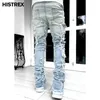 Męskie dżinsy Jakość Streetwise Stretch Patch Men Men European American Heavyweight Pants High Street Hip Hop Y2K proste dopasowanie Długie dżinsy 230823