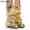 Boots Metallic Mid Calf in Gold Women Chunky Heeled Fold Over Platform Kne High Shoes Brand Luxury Designer Street 230823