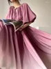 Robes décontractées Jamerary Mode Français Style Midi Longue Robe Femmes Dégradé Rose Col V Lâche Bulle Manches Vacances Vacances Dame