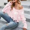 2023 neue Frauen kurzer Mode offener Navelstrick Langarm Schmetterlingsmuster V-Ausschnitt Pullover Pullover