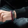 Link bransoletki mężczyźni Czerwony czarny skórzany wielowarstwowy tkanina Bransoleta Tytan stalowy przycisk Neutralne akcesoria do ręcznie tkanej biżuterii