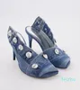 Stiletto Sandals Heels Square Head Denim Metal Studded Tisters After the Empty Belt Buckle Big Size Women's Shoes Europe och USA